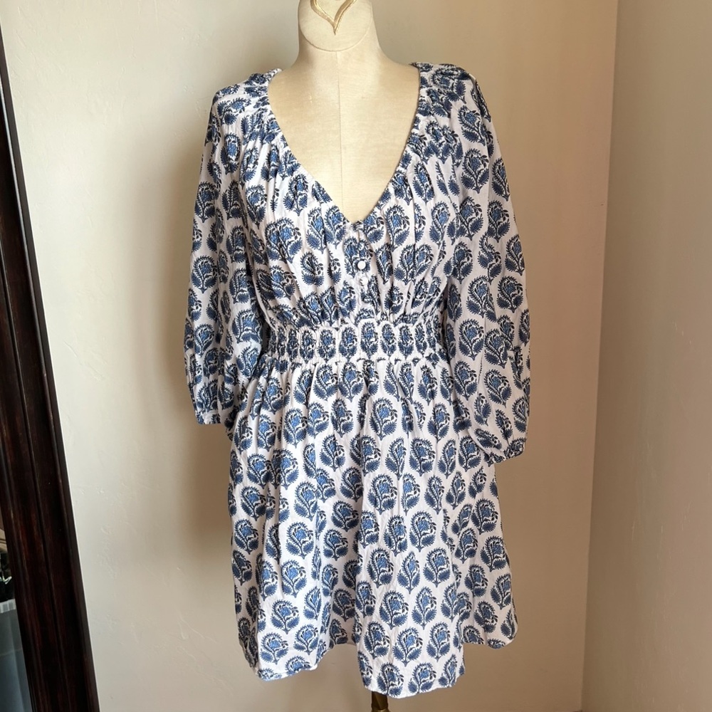 J.Crew V Neck Bouquet Block White Blue Dress Fit Flare XS Spring - Picture 5 of 5